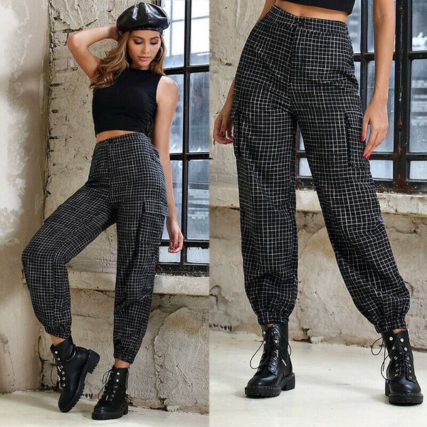 

women vintage loose plaid high waist long pants cargo trousers sport sweatpants, Black;white