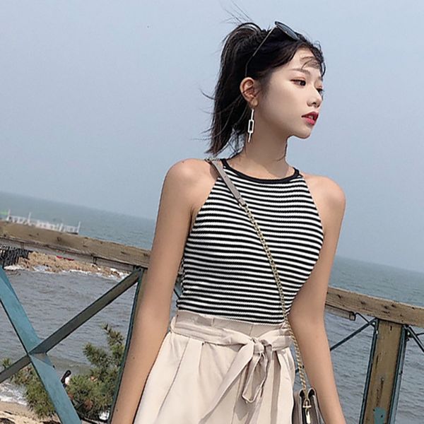 

fashion striped camisoles hang neck women slim cross knit tank, White