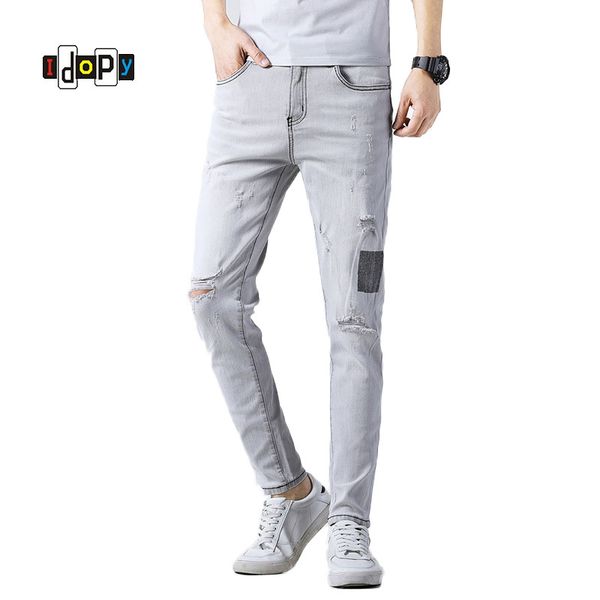 

idopy fashion mens casual ripped holes jeans straight slim fit denim pants classic vintage washed jeans for male, Blue