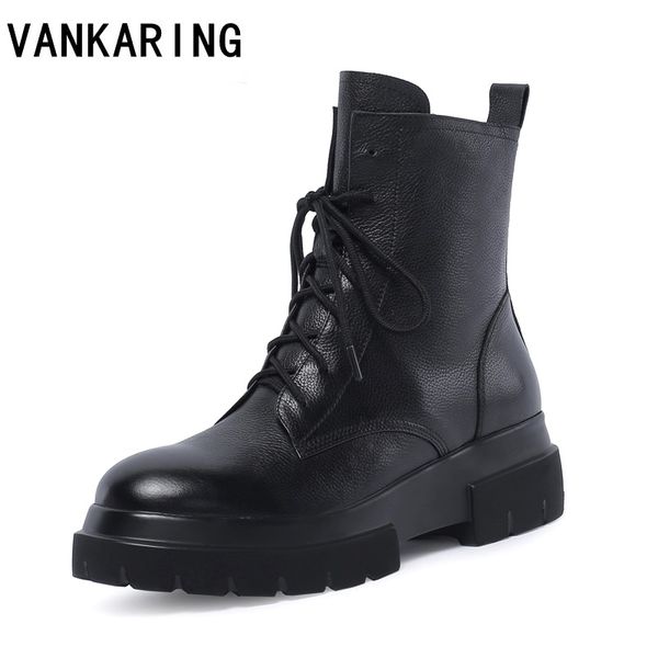 

classic lace-up autumn winter ankle boots woman motorcycle boots chunky heels casual round toe platform work shoes female, Black
