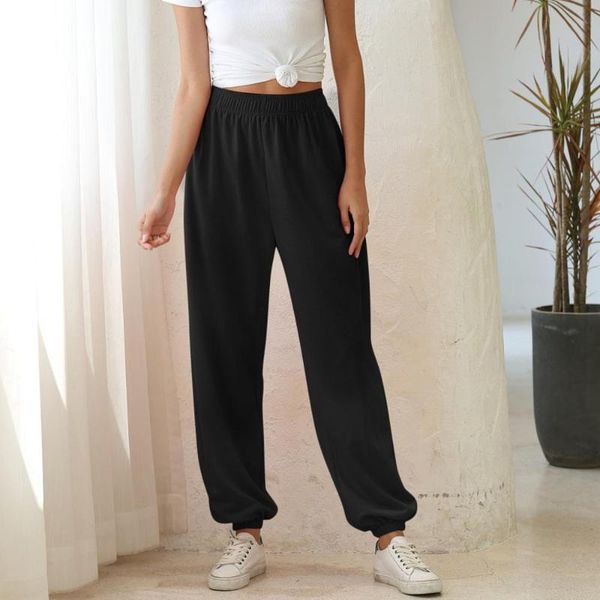 

women's active high elastic waist workout sweatpants with pockets female solid color joggers lounge loose sport pants for 2020, Black;blue