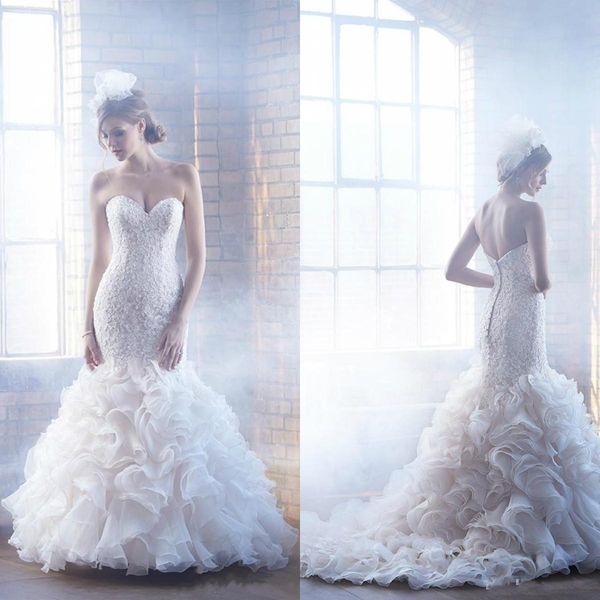 

2019 elegant lace sweetheart wedding dresses mermaid beaded ruffles skirt organza mermaid bridal gowns custom made robe de mariee soiree, White