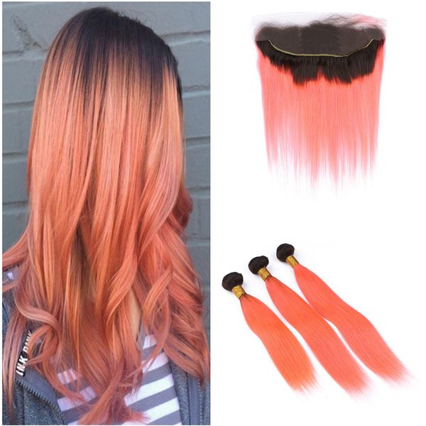 Orange Straight Hair Weaves Ombre Hair With Lace Frontal Closure