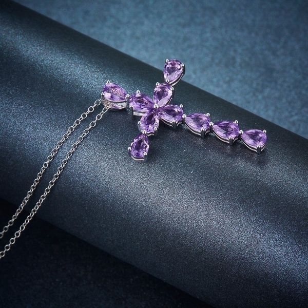 

fashion- cross amethyst pendant 925 sterling silver necklace for women purple gemstone clavicle pendant necklace fine jewelry