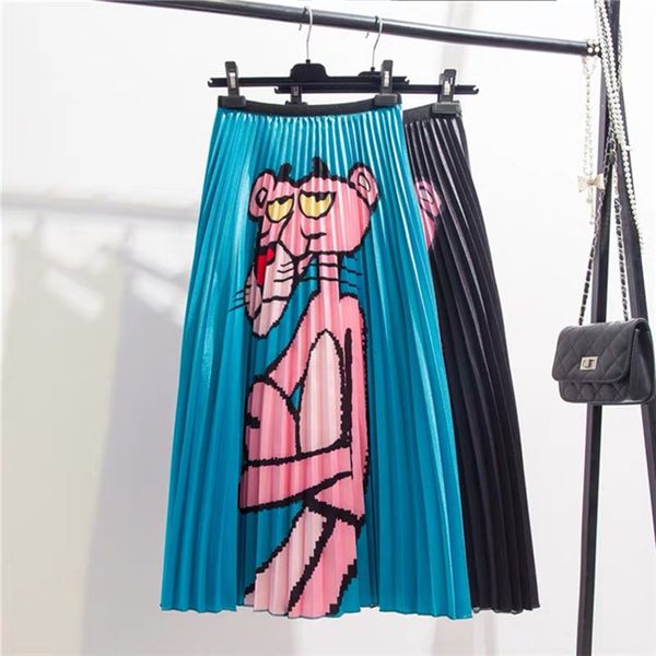 

2019 summer autumn women skirts cartoon printing midi pleated skirt high elasticity jupe tutu femme a-line skirts plus size, Black