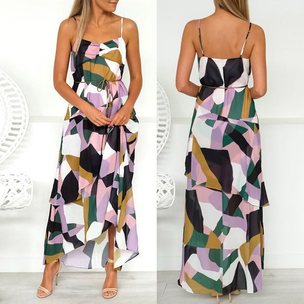 

summer boho beach dress fashion womens asymmetric camis ladies layered high waist belt bandage print long dress ropa mujer, Black;gray