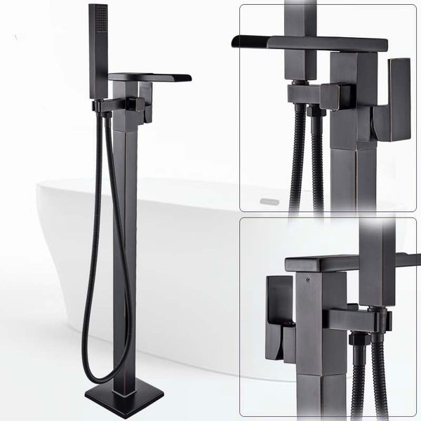 

floor mounted waterfall spout tub mixer faucet black bronze bathroom bath shower set with handshower tanding bathtub tap