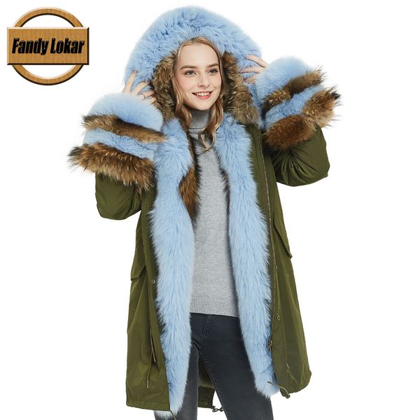 

fandy lokar waterproof fabric jackets women real fur parkas woman mutil color natural raccoon fur coat female silver, Black