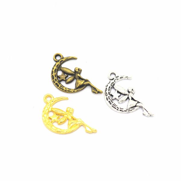 

100pcs/pack fairy on moon angel charms diy jewelry making pendant fit bracelets necklaces earrings handmade crafts silver bronze charm, Bronze;silver