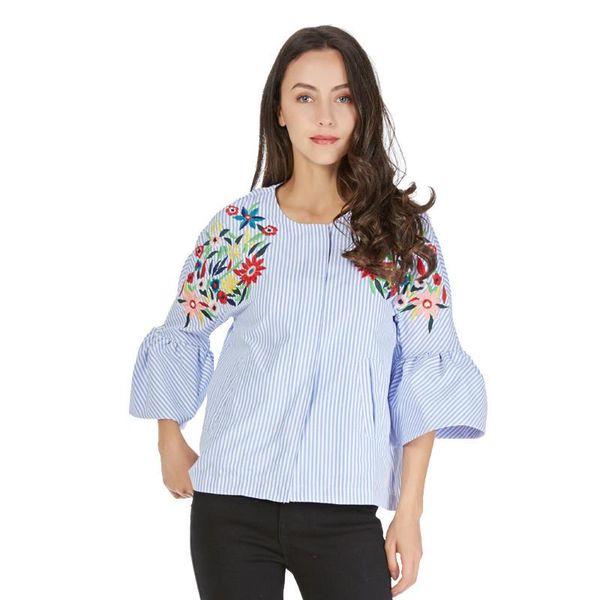 

women vintage floral embroidery striped thin jacket coat zipper pockets flare sleeve coats stylish ladies casual outerwear fit, Black;brown