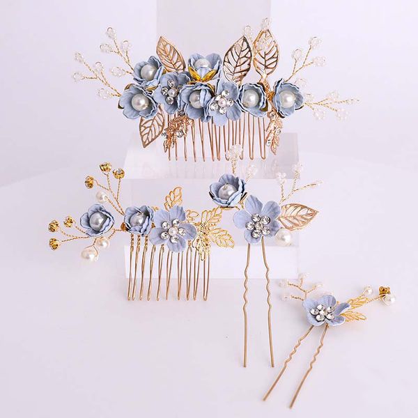 

forseven handmade blue flower pearl crystal hair comb hair pin sticks women girl headpiece jewelry wedding accessories, Golden;white