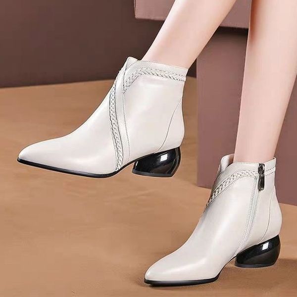 

women winter pointed side zipper nude boots flock ankle boots slip-on round toe casual round heel booties camel size 35-40 #129, Black