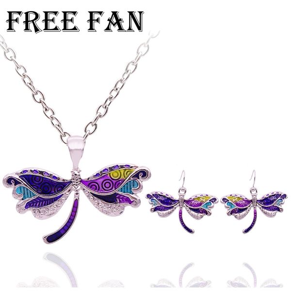 

fan fashion new women dragonfly necklace earrings set enamel choker pendant children costume jewellery parure bijoux femme, Silver