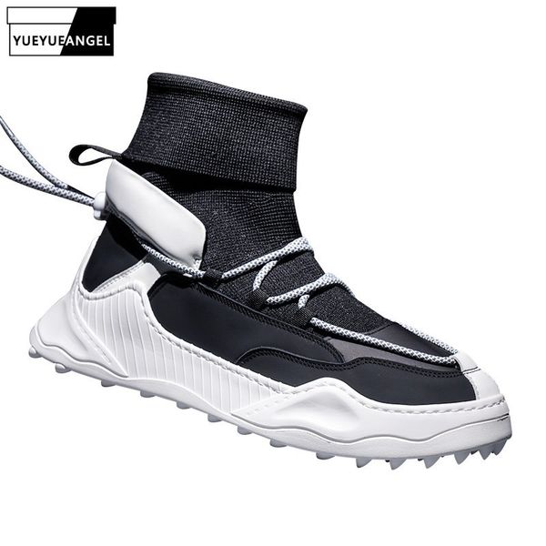 

stretch socks shoes mens spring autumn casual sport high shoes mixed colors round toe lace up male thick bottom sneakers, Black