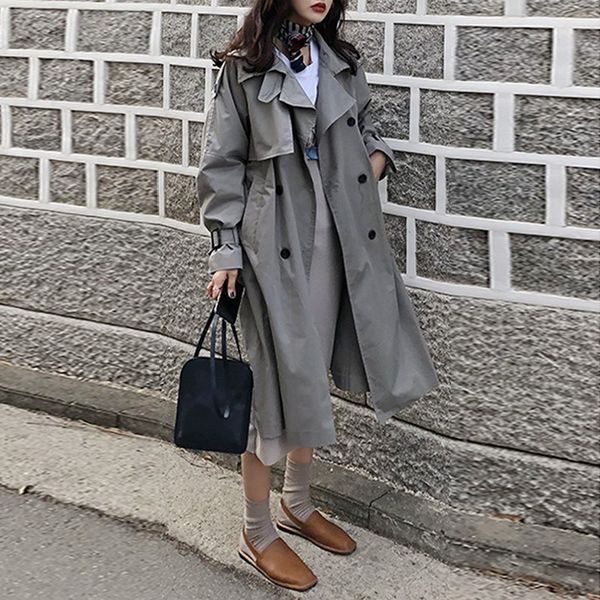 

korean style women casual loose trench with sashes 2019 new arrival spring long elegant coats ladies overcoat outerwear, Tan;black