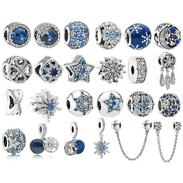

925 sterling silver beads fit original pandora charm bracelet sea blue zircon stars snowflake silver 925 fashion jewelry, Black