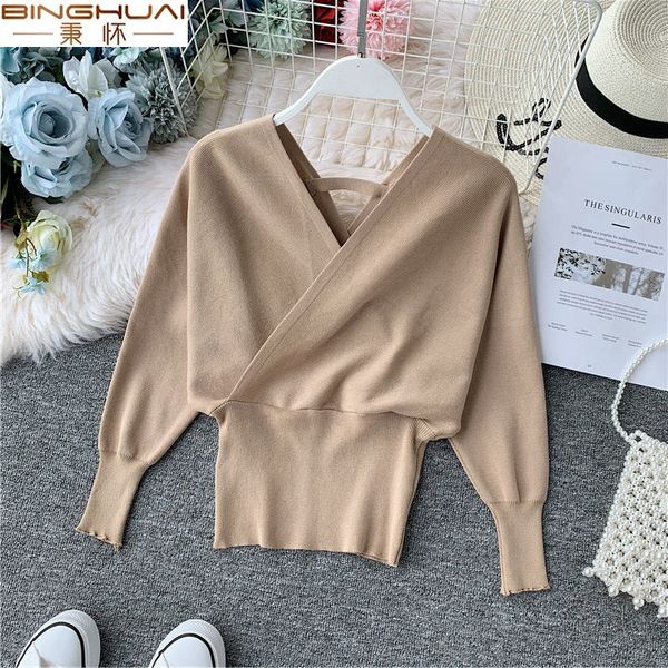 

women autumn winter double v neck solid tunic waist pullover and sweater women lantern sleeve causual sweaters pull femme, White;black