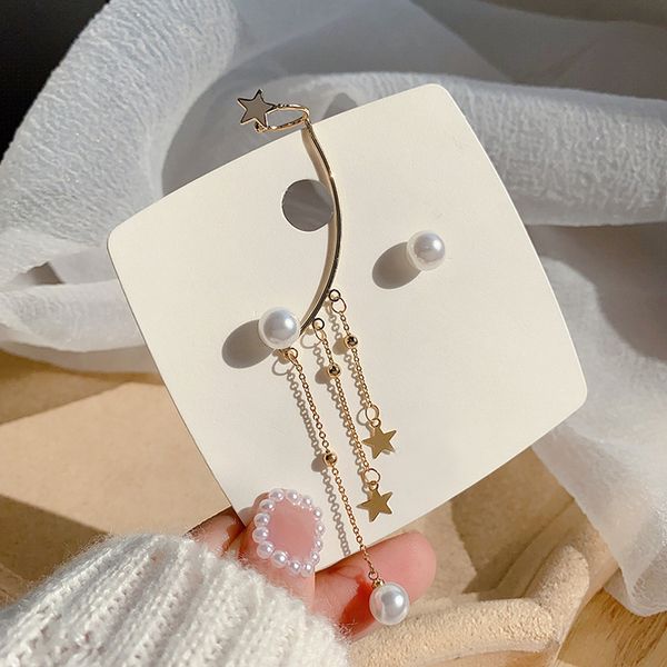 

fashion women earrings set tassel pearl star pendant asymmetric stud earring ear clip sweet birthday party jewelry accessories, Golden;silver