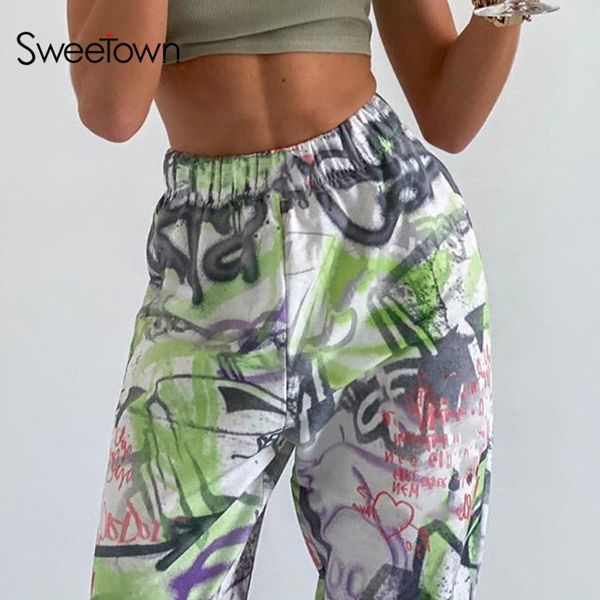 

sweetown graffiti baggy women jogger sweatpants casual elastic high waist trousers femme hip hop streetwear cargo pants harajuku, Black;white