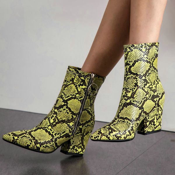 

yellow white black snake print leather ladies ankle boots pointed toe women's winter boots shoes 2019 plus-size zipper boot