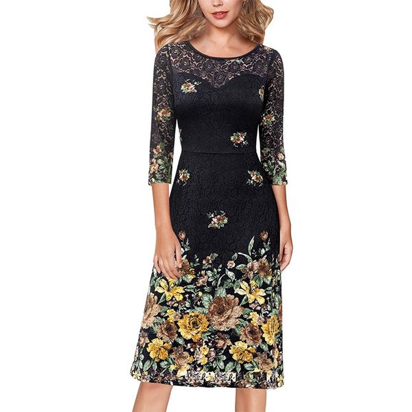 

casual dresses vfemage womens elegant illusion sweetheart neck placement floral lace print cocktail wedding party flare a-line skater dress, Black;gray