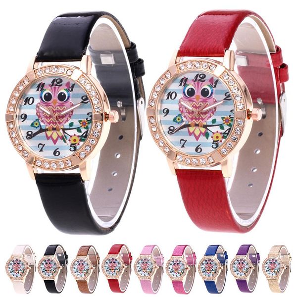 

9 colors new style owl pattern dial leather strap women female quartz watch hand decoration watchband for girl, Slivery;brown