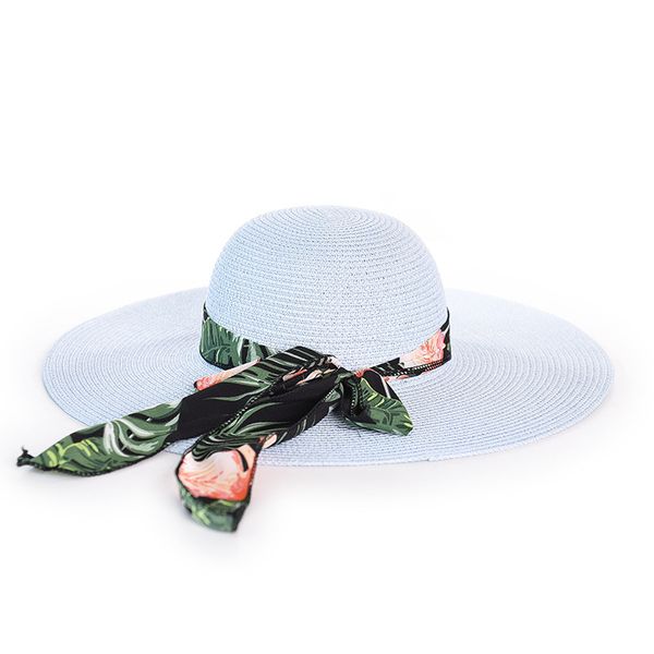 

2019 new chiffon ribbon big eaves lady straw hat summer getaway shade seaside beach hat, Blue;gray