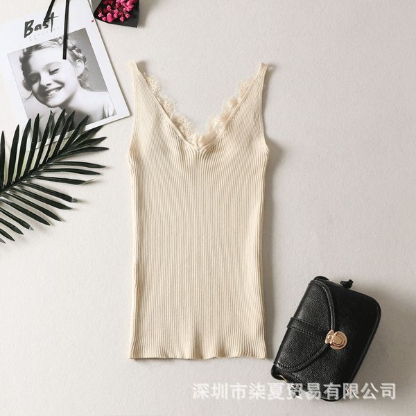 

women's knit vest lace v-neck sling slim shirt vest sleeveless, White;black
