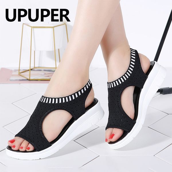 

upuper мода женщин сандалии дышащий комфорт женская обувь летние платформы клинья черный скольжения на сандалии обувь большого размера 35-43, Black