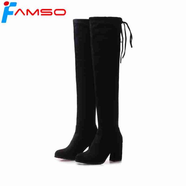 

famso 2018 boots for women pointed toe hoof heels autumn thigh high boots winter female fashion winter women's snow, Black