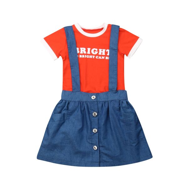 

Lovely Little Girls Pleated Dress + Short Sleeve Tops Two Pieces Set Clothes Children Denim Skirt Suit Kid Casual Clothes1-5T