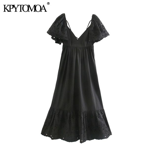 

casual dresses kpytomoa women 2021 chic fashion cutwork embroidery midi dress vintage ruffled sleeves back crossed thin straps female, Black;gray
