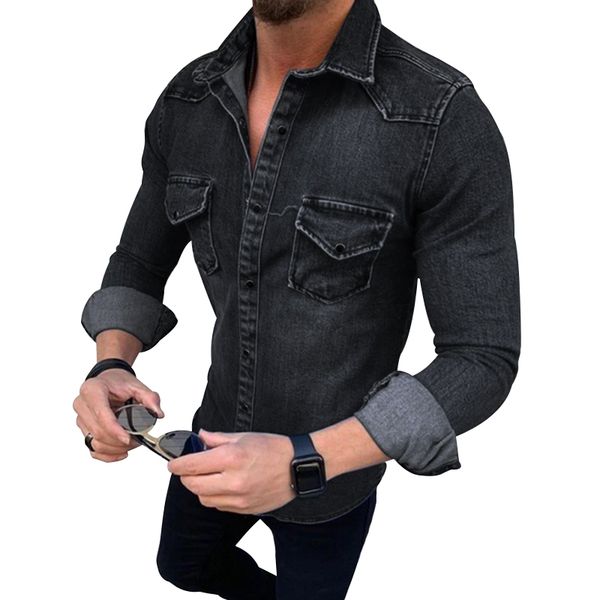 

new fashion men's denim jackets long sleeve pocket shirts casual slim fit male jeans daily lapel solid color buttons autumn, Black;brown