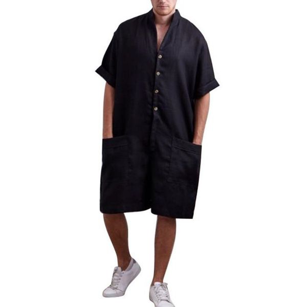 

vintage men rompers pants half sleeve cotton pockets playsuit loose men cargo overalls jumpsuit casual trousers da068, White;black