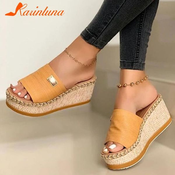 

karin 2020 new design big size 43 wedge high heels summer slippers woman shoes slip on platform ins shoes lady slippers, Black