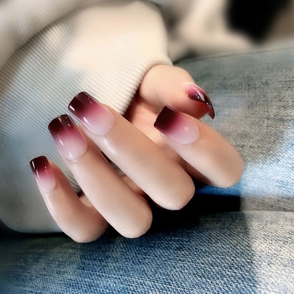 

false nails 24pcs wine red fake nail patch sticker with glue gradient color change, Red;gold