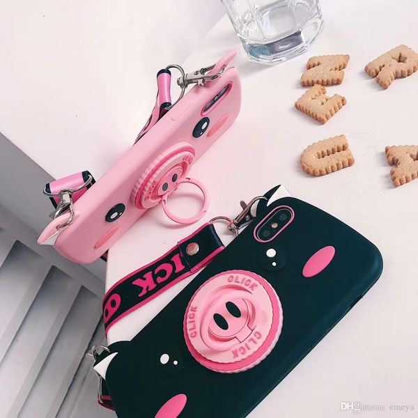 

for iphone 11 pro x xr xs max cute cartoon pink pig camera phone case for iphone 7 8 plus soft silicone anti-knock phone shel with lanyardl