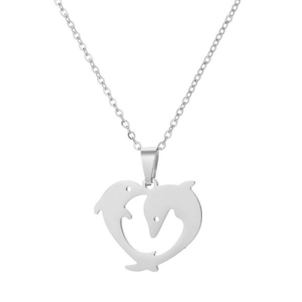

1pc cute dolphin love stainless steel pendant necklace love heart necklaces women girls men fashion jewelry, Silver