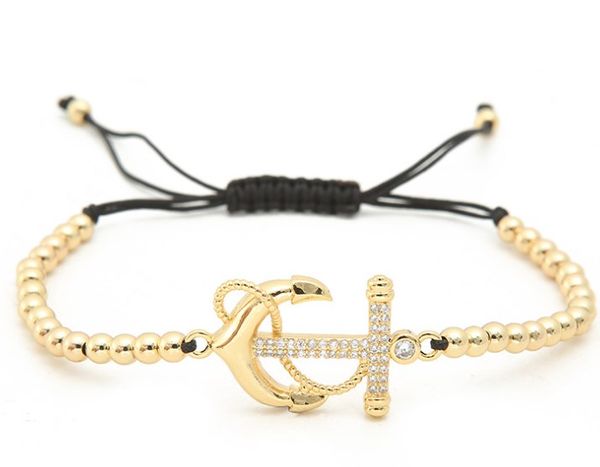 

gold silver micro pave cz cubic zirconia rope adjusted copper beads bracelet gh35 anchor charm braided bangles women, Black