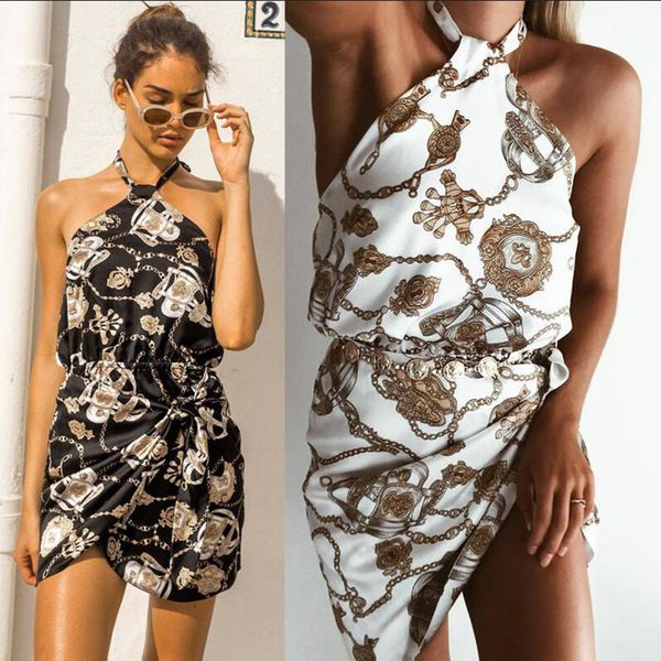 

vadim sale mini vestidos mujer 2019 new summer hanging neck straps hollow printed halter dress woman plus size, Black;pink