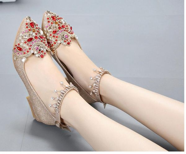 

2018 water drill women's shoes in spring and autumn with new style low heel coarse heel sequined cloth bride wedding shoes, Black