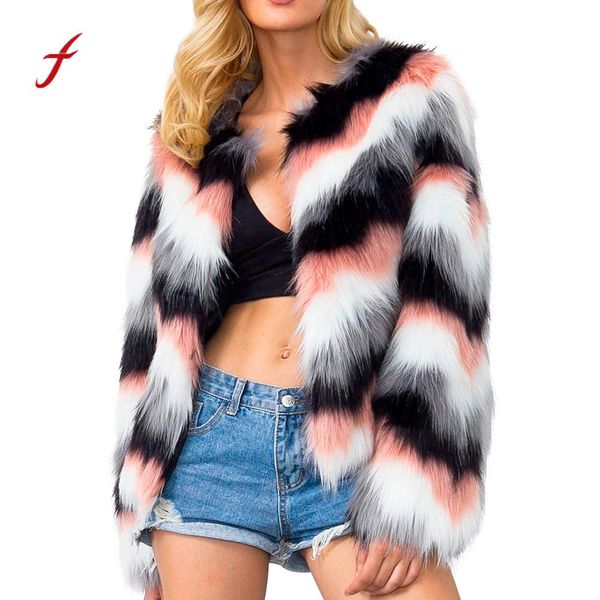 

womens popular fur coat ladies warm faux fur coat jacket winter gradient color parka outerwear plus size women jacket, Black