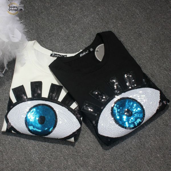 

шикарные sequined глаза блестки рубашки бисероплетение тройники o шеи хлопка смешанное коротким рукавом женская вышивка повседневная топы ле, White