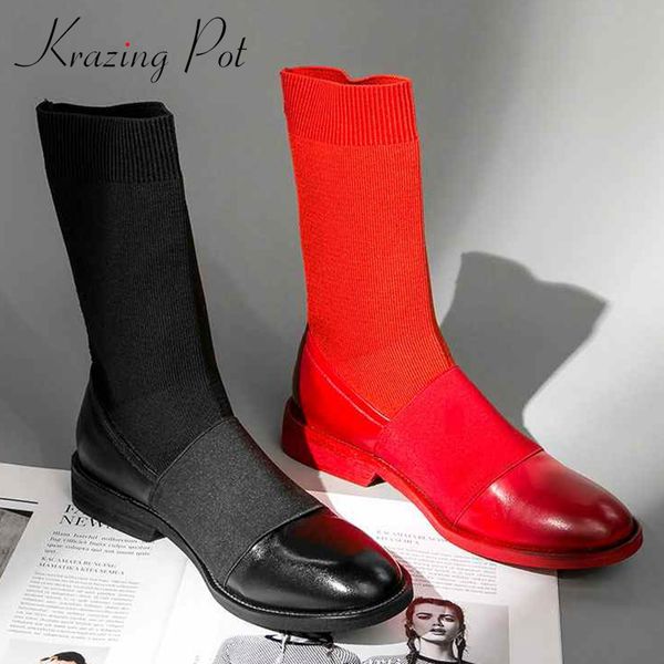 

krazing pot fashion cow leather slip on low heel round toe mixed color stretch vintage boots design knitting mid-calf boots l23, Black