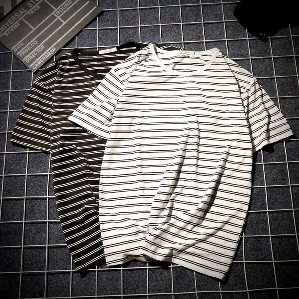 

summer 2020 striped men's round neck loose casual basic short-sleeved t-shirt black college style youth brief clothes retro top, White;black