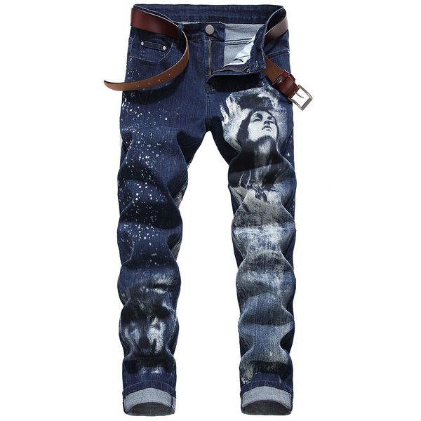 

новые моды джинсов мужских casual индивидуальность 3d печатного джинсы досуг простой крупная мужской одежды drop доставка, Blue