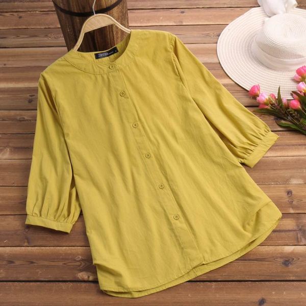 

zanzea women casual blouse summer vintage solid cotton linen shirt 3/4 sleeve buttons down blusas loose tunic plus size, White