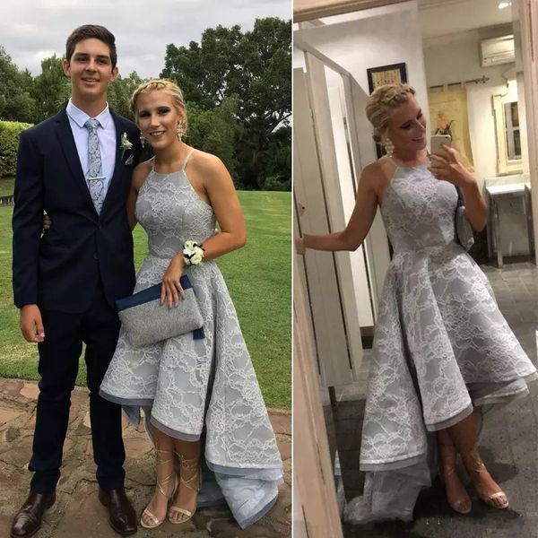 

silver gray lace prom dresses 2019 high low halter prom gowns sleeveless short party dresses evening gowns, Black