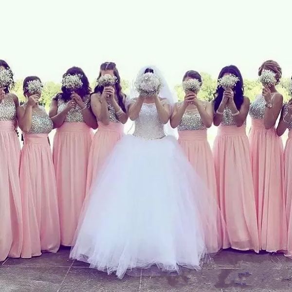 

2019 new bridesmaid dresses jewel neck with crystal beaded pink chiffon custom long floor length for wedding guest dress maid of honor gowns, White;pink