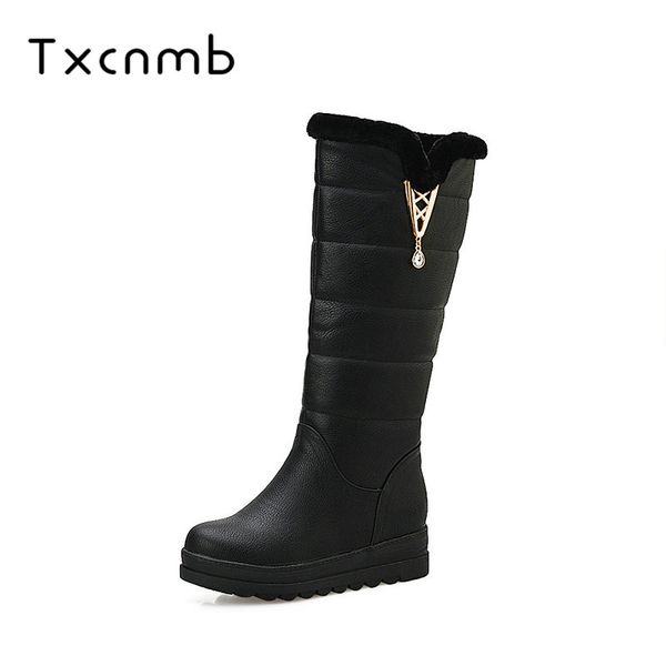 

txcnmb 2018 new warm snow boots women thick fur ladies mid calf boots tassel soft pu leather platform women's winter black